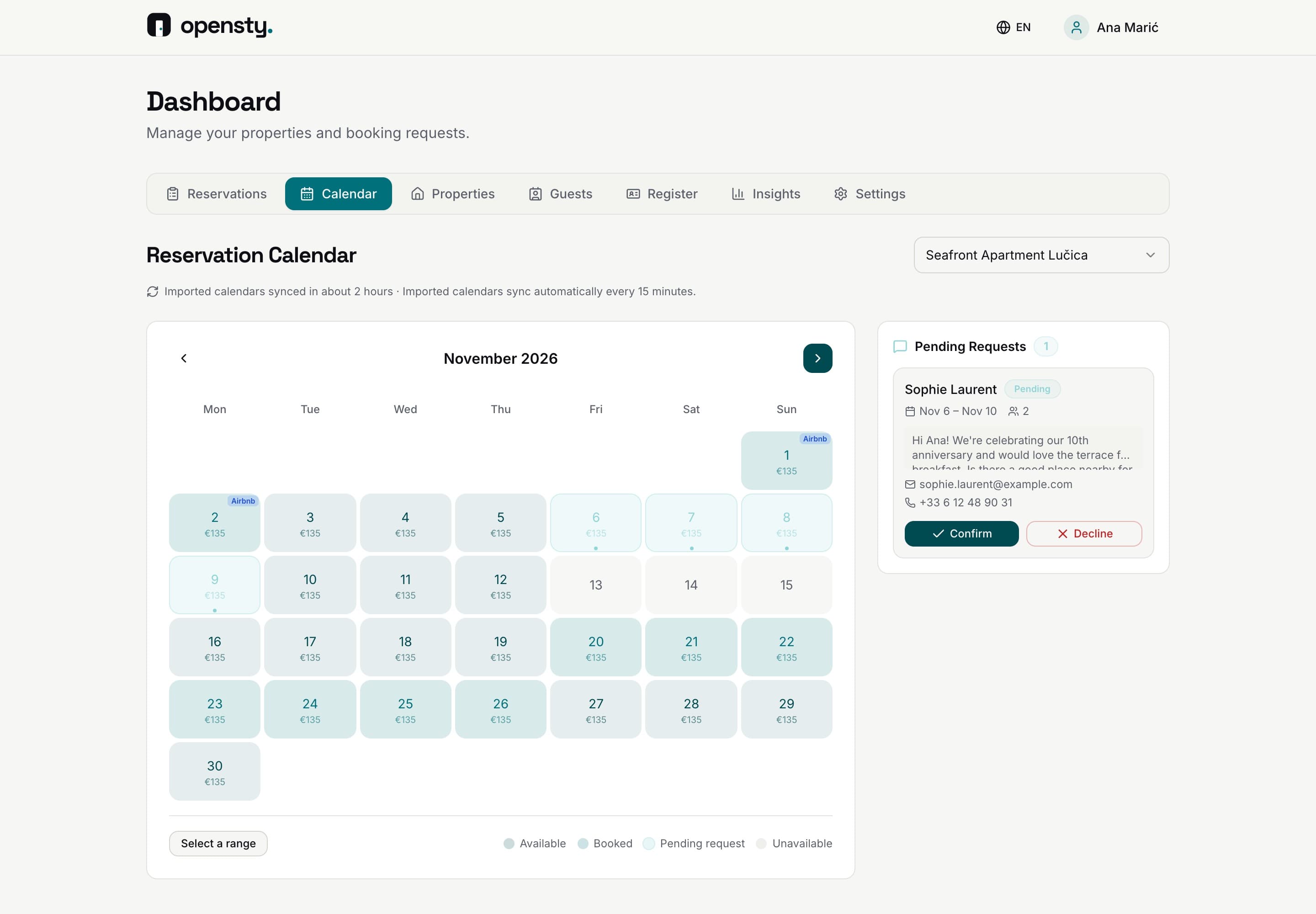 Reservierungskalender für November mit Airbnb-Aufenthalten und einer offenen Anfrage