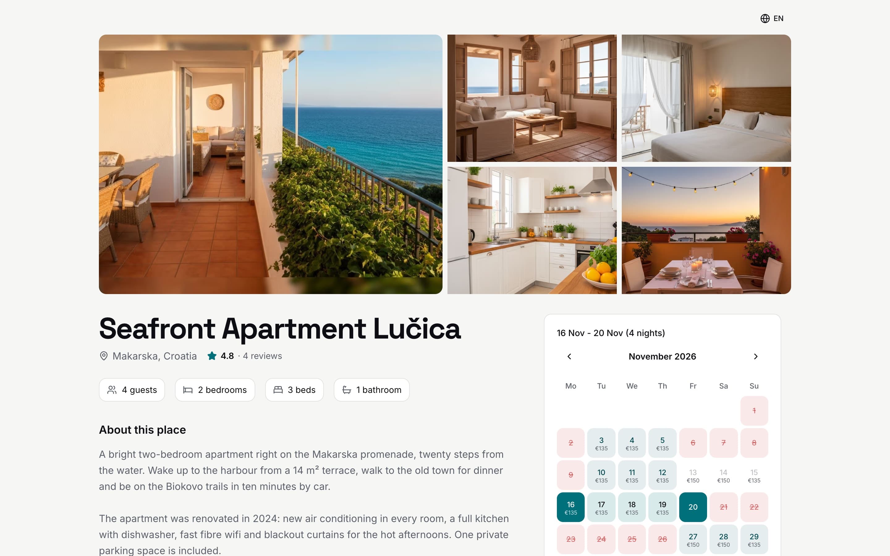 Buchungsseite einer Wohnung am Meer mit Fotos, Beschreibung und einem Kalender mit vier ausgewählten Nächten
