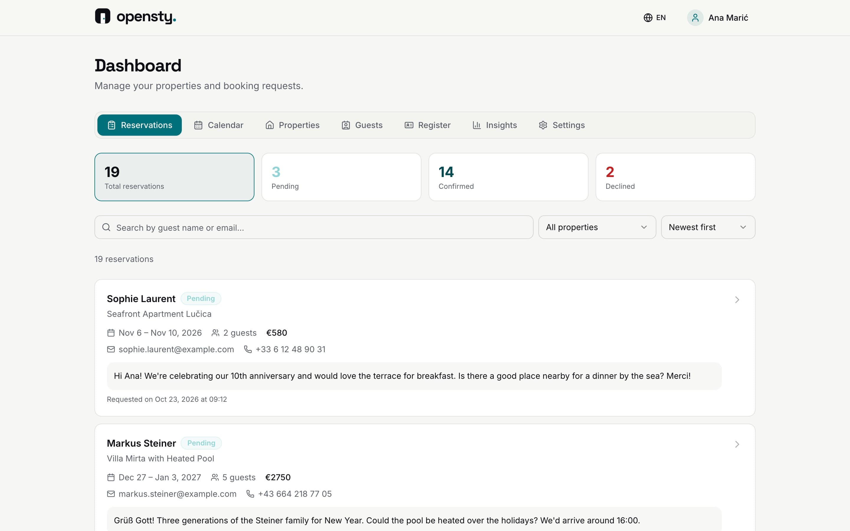 Liste der Buchungsanfragen im Dashboard